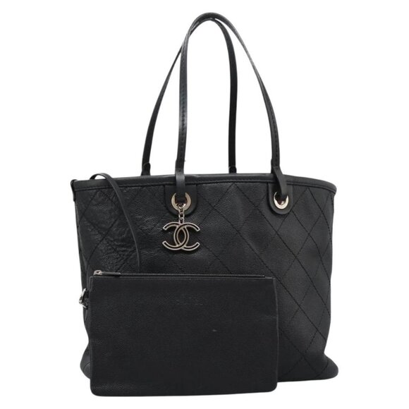CHANEL Matelasse Tote Bag Caviar Skin Black CC Auth PP160 - Picture 1 of 16